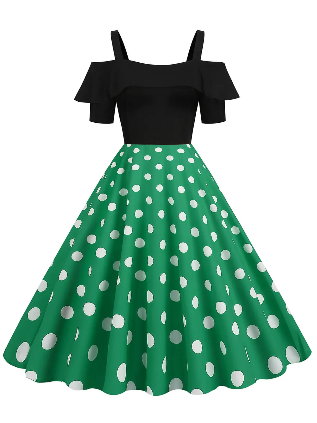 Clearance Retro Stage 1950s Black Patchwork Polka Dot Strap Dress