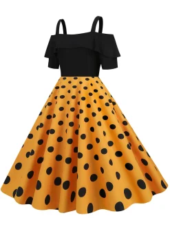 Clearance Retro Stage 1950s Black Patchwork Polka Dot Strap Dress