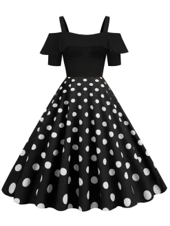 Discount Retro Stage 1950s Black Patchwork Polka Dot Strap Dress
