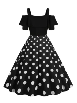 Discount Retro Stage 1950s Black Patchwork Polka Dot Strap Dress
