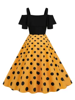 Discount Retro Stage 1950s Black Patchwork Polka Dot Strap Dress