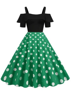 Discount Retro Stage 1950s Black Patchwork Polka Dot Strap Dress