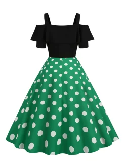 Discount Retro Stage 1950s Black Patchwork Polka Dot Strap Dress