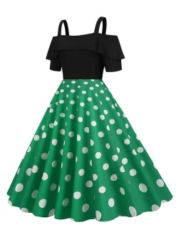 Discount Retro Stage 1950s Black Patchwork Polka Dot Strap Dress
