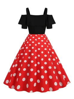 Discount Retro Stage 1950s Black Patchwork Polka Dot Strap Dress