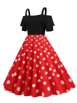 Discount Retro Stage 1950s Black Patchwork Polka Dot Strap Dress