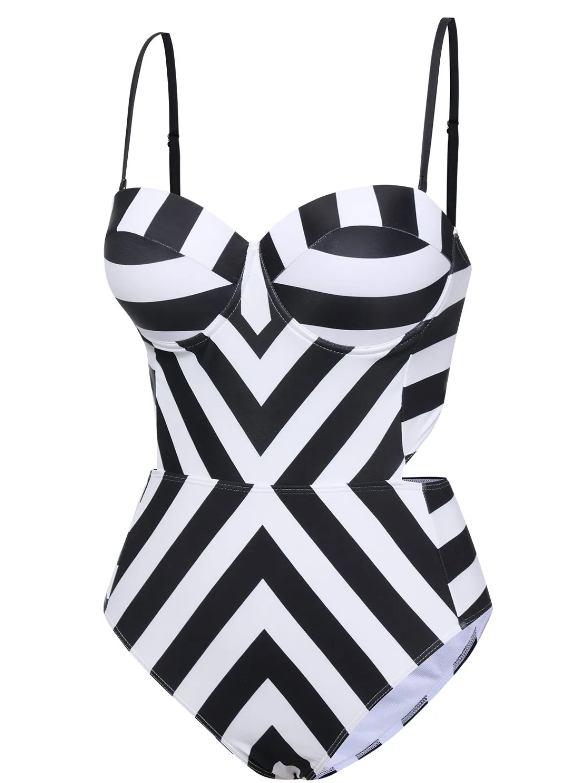 Hot Retro Stage 1960s Black White Contrast Stripes Swimsuit Black & White