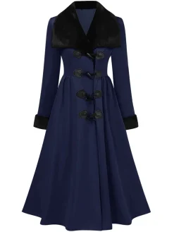 Outlet Retro Stage 1950s Blue And Black Fur Collar Coat