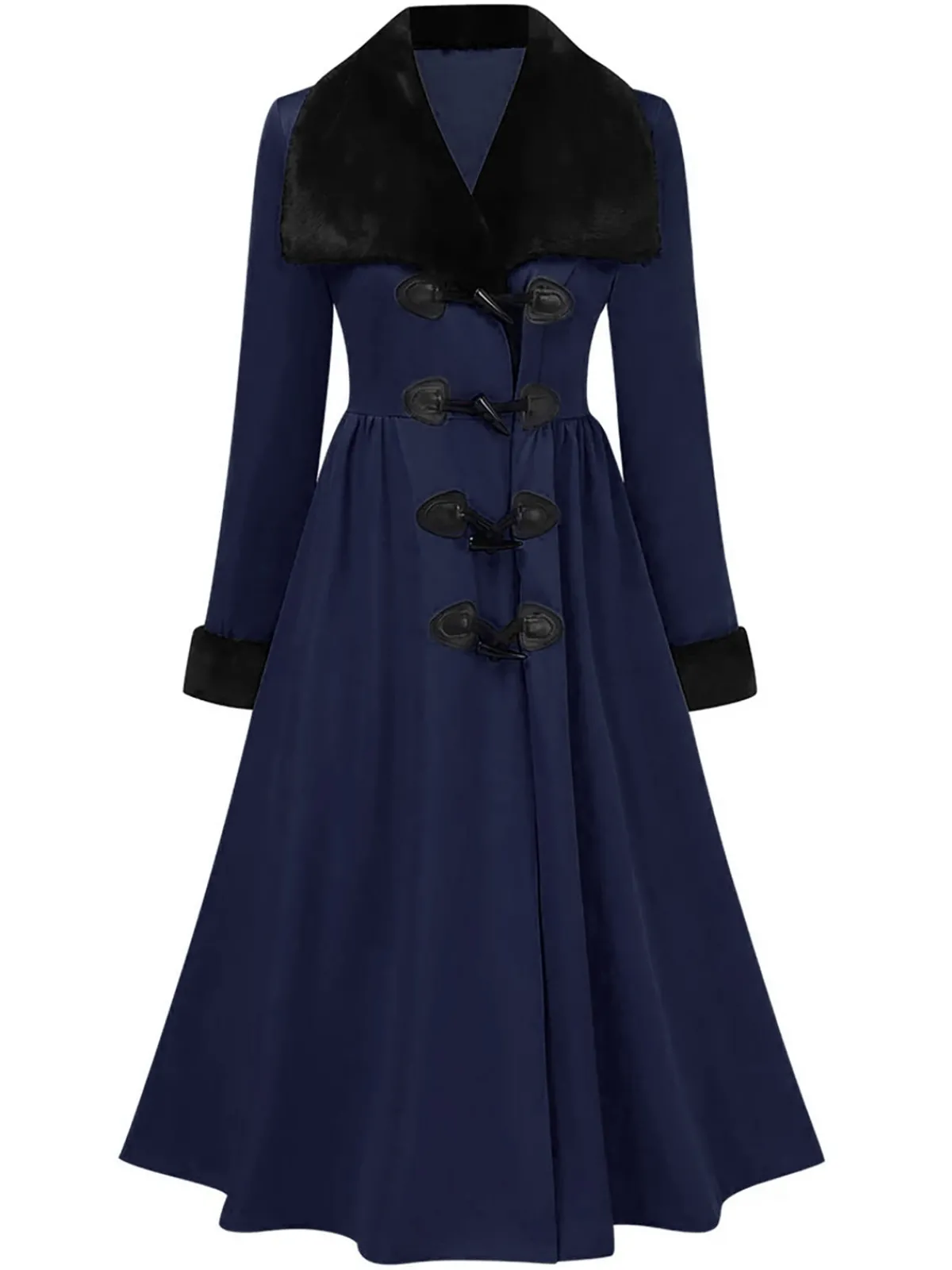 Outlet Retro Stage 1950s Blue And Black Fur Collar Coat