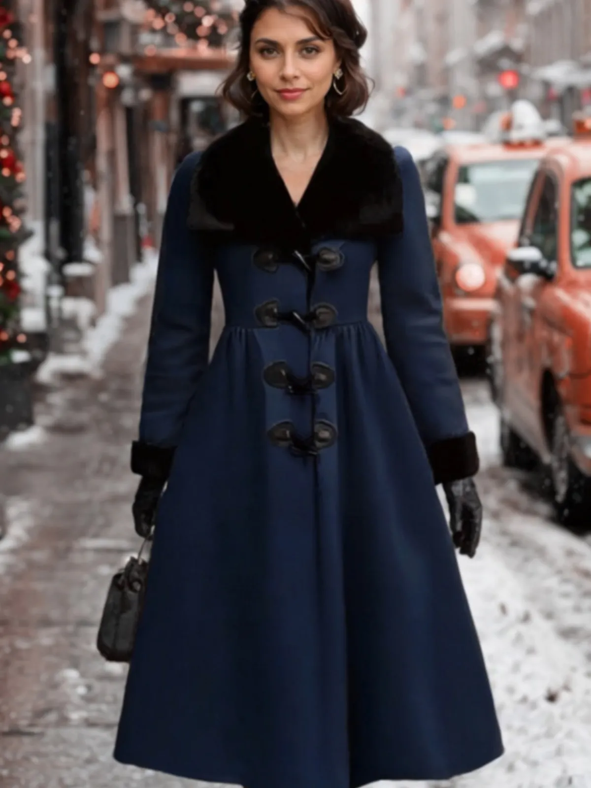 Outlet Retro Stage 1950s Blue And Black Fur Collar Coat