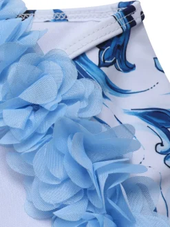 Best Retro Stage 1930s And White Porcelain Print One-Piece Swimsuit Blue