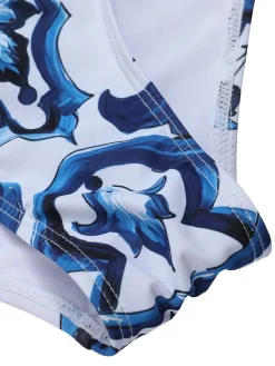 Best Retro Stage 1930s And White Porcelain Print One-Piece Swimsuit Blue
