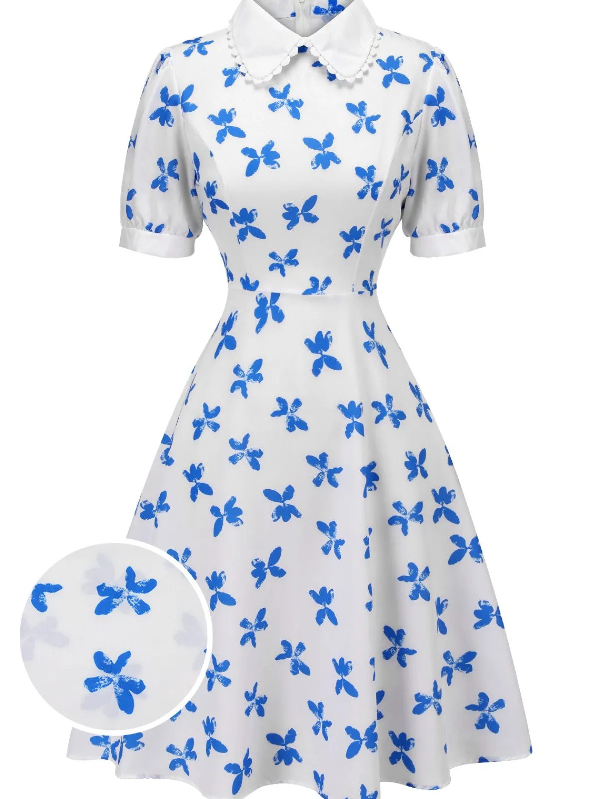 New Retro Stage 1940s Blue Butterfly Doll Neck Dress White
