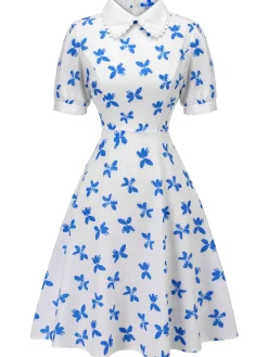 New Retro Stage 1940s Blue Butterfly Doll Neck Dress White