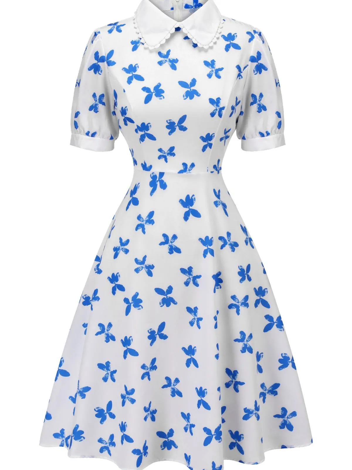 New Retro Stage 1940s Blue Butterfly Doll Neck Dress White