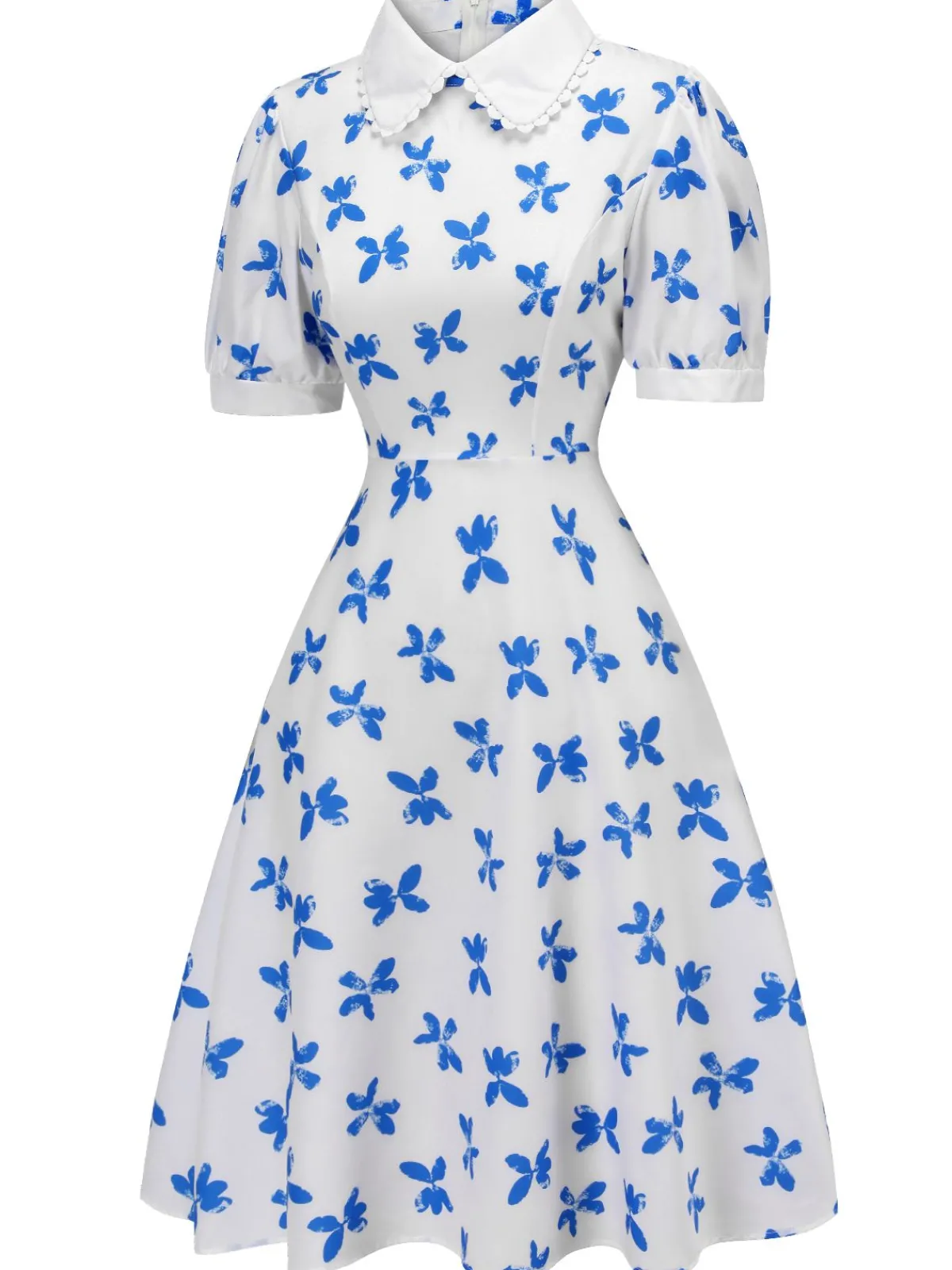 New Retro Stage 1940s Blue Butterfly Doll Neck Dress White