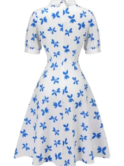 New Retro Stage 1940s Blue Butterfly Doll Neck Dress White