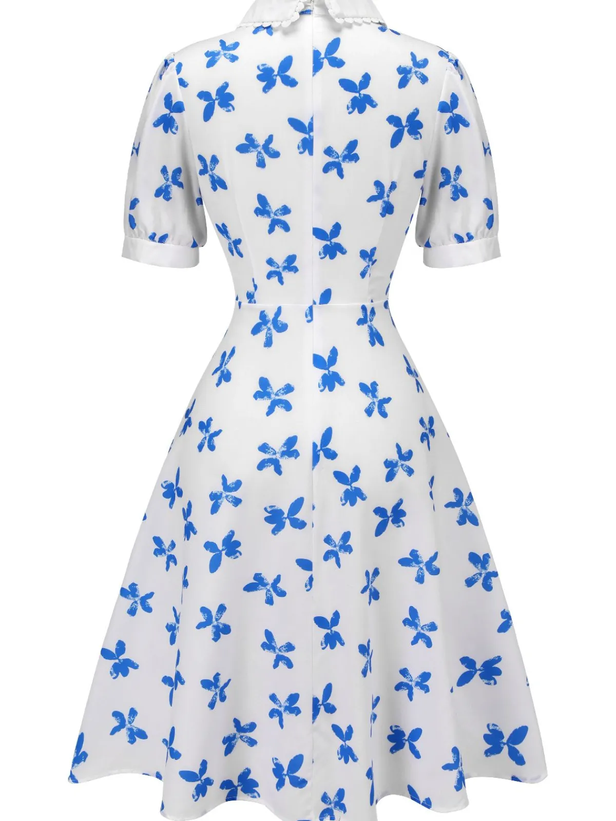 New Retro Stage 1940s Blue Butterfly Doll Neck Dress White