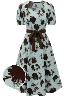 Best Retro Stage 1940s Blue Floral Dress With Bow Belt Light Blue