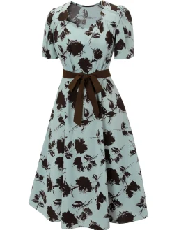 Best Retro Stage 1940s Blue Floral Dress With Bow Belt Light Blue