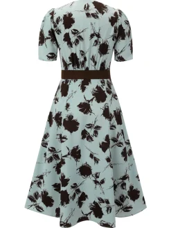 Best Retro Stage 1940s Blue Floral Dress With Bow Belt Light Blue