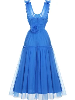 Hot Retro Stage 1950S Solid Mesh Sleeveless Dress Blue