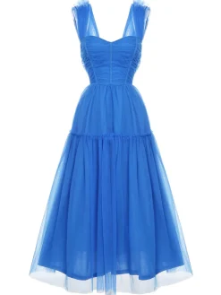 Hot Retro Stage 1950S Solid Mesh Sleeveless Dress Blue