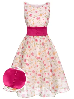 Hot Retro Stage 1950s Boat Neck Tulip Button Sleeveless Dress Multicolor