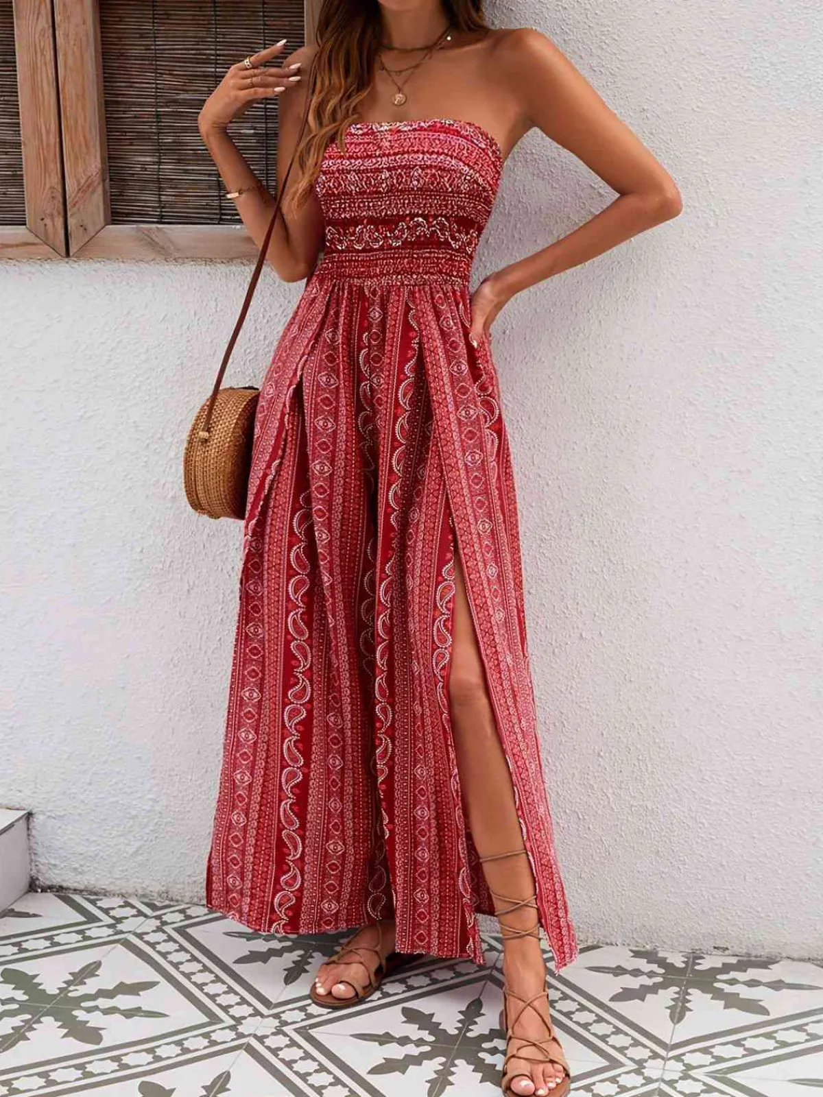 Online Retro Stage 1970s Bohemian Strapless Slit Smocked Jumpsuit
