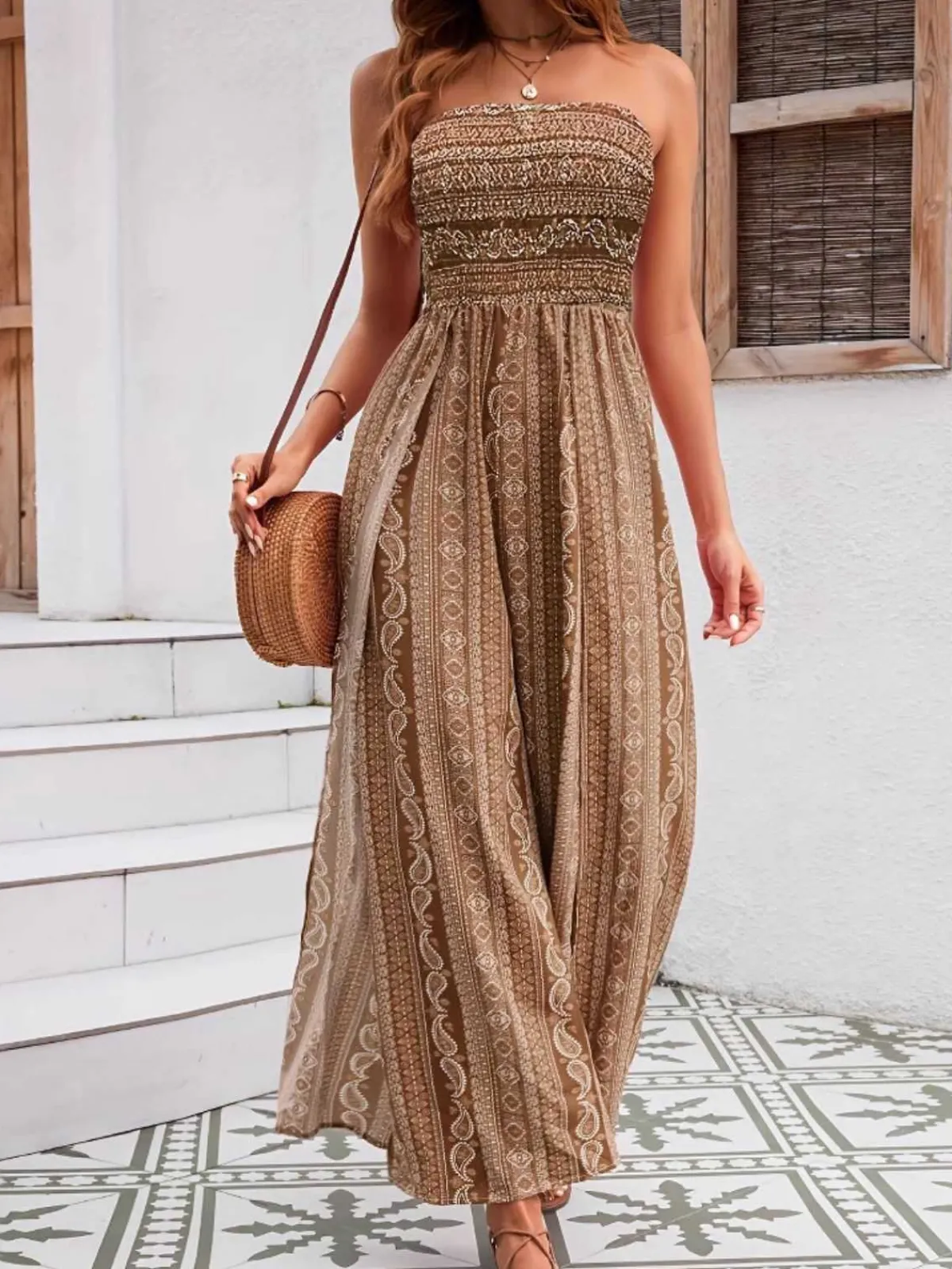 Online Retro Stage 1970s Bohemian Strapless Slit Smocked Jumpsuit