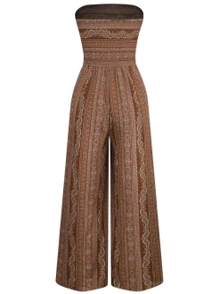Online Retro Stage 1970s Bohemian Strapless Slit Smocked Jumpsuit