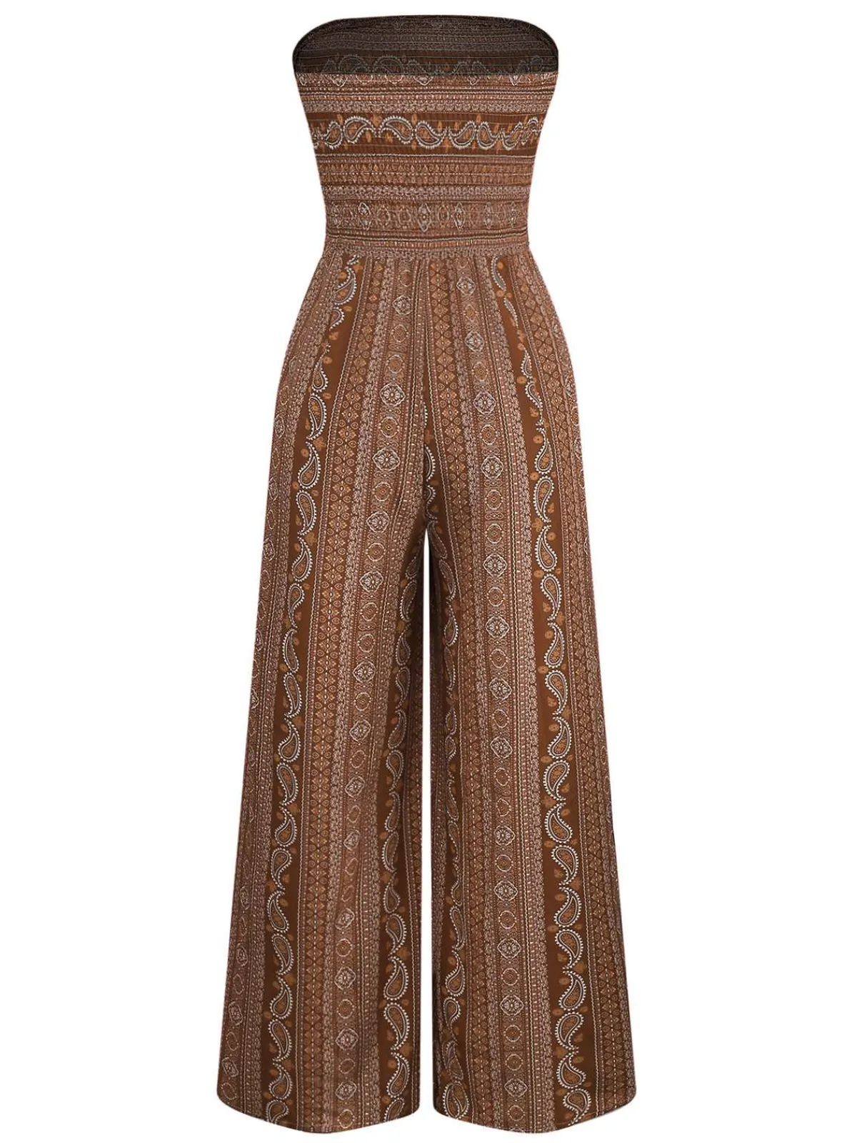 Online Retro Stage 1970s Bohemian Strapless Slit Smocked Jumpsuit