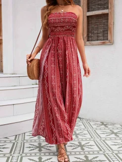 Online Retro Stage 1970s Bohemian Strapless Slit Smocked Jumpsuit