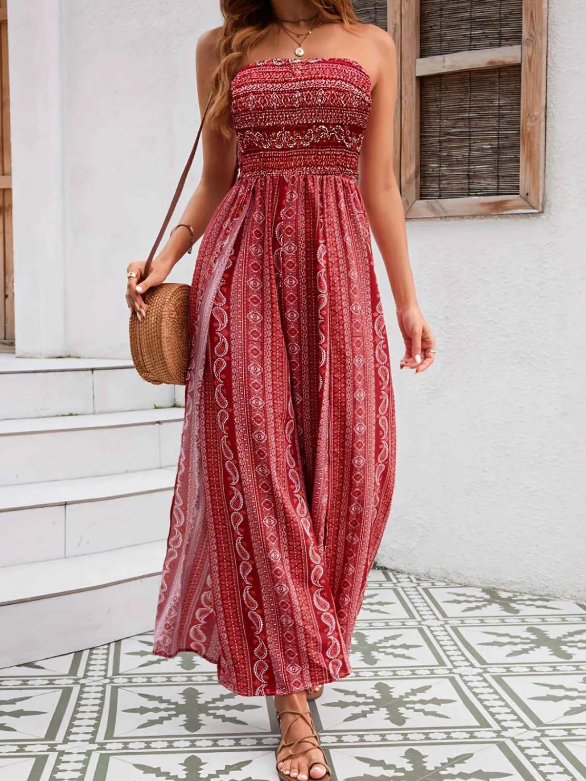 Online Retro Stage 1970s Bohemian Strapless Slit Smocked Jumpsuit