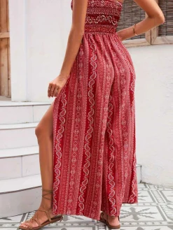 Online Retro Stage 1970s Bohemian Strapless Slit Smocked Jumpsuit