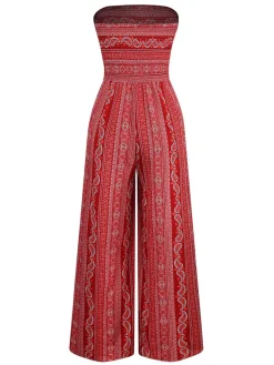 Online Retro Stage 1970s Bohemian Strapless Slit Smocked Jumpsuit