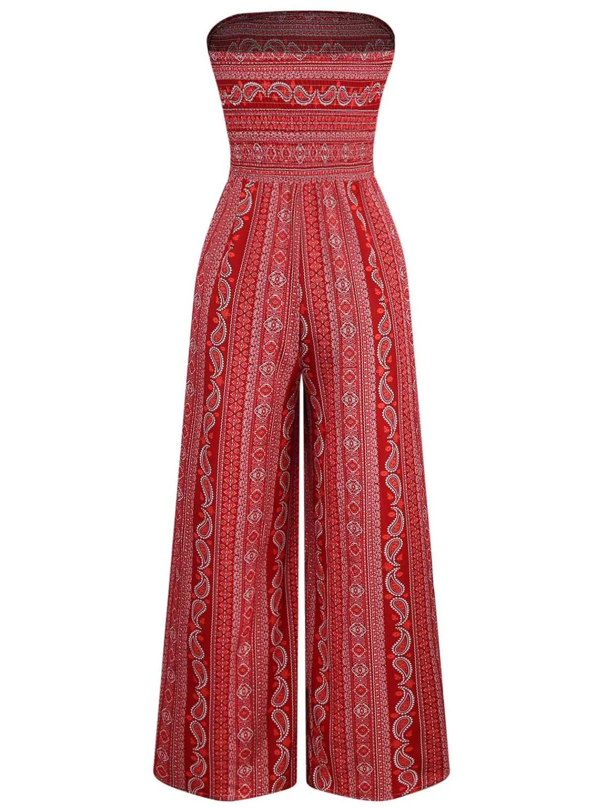 Online Retro Stage 1970s Bohemian Strapless Slit Smocked Jumpsuit