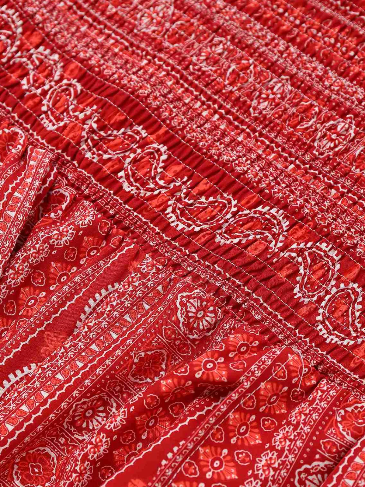 Online Retro Stage 1970s Bohemian Strapless Slit Smocked Jumpsuit