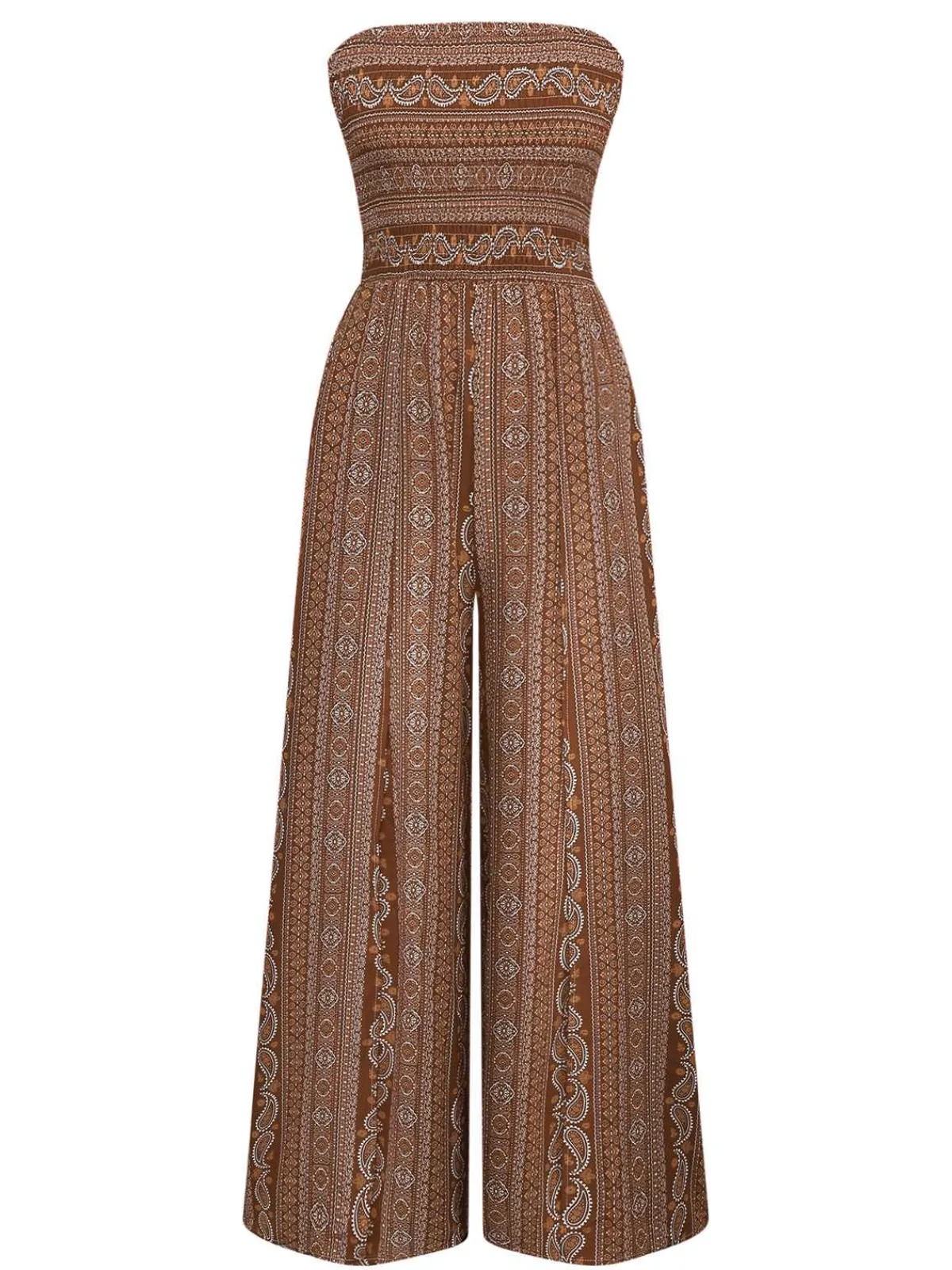 Online Retro Stage 1970s Bohemian Strapless Slit Smocked Jumpsuit
