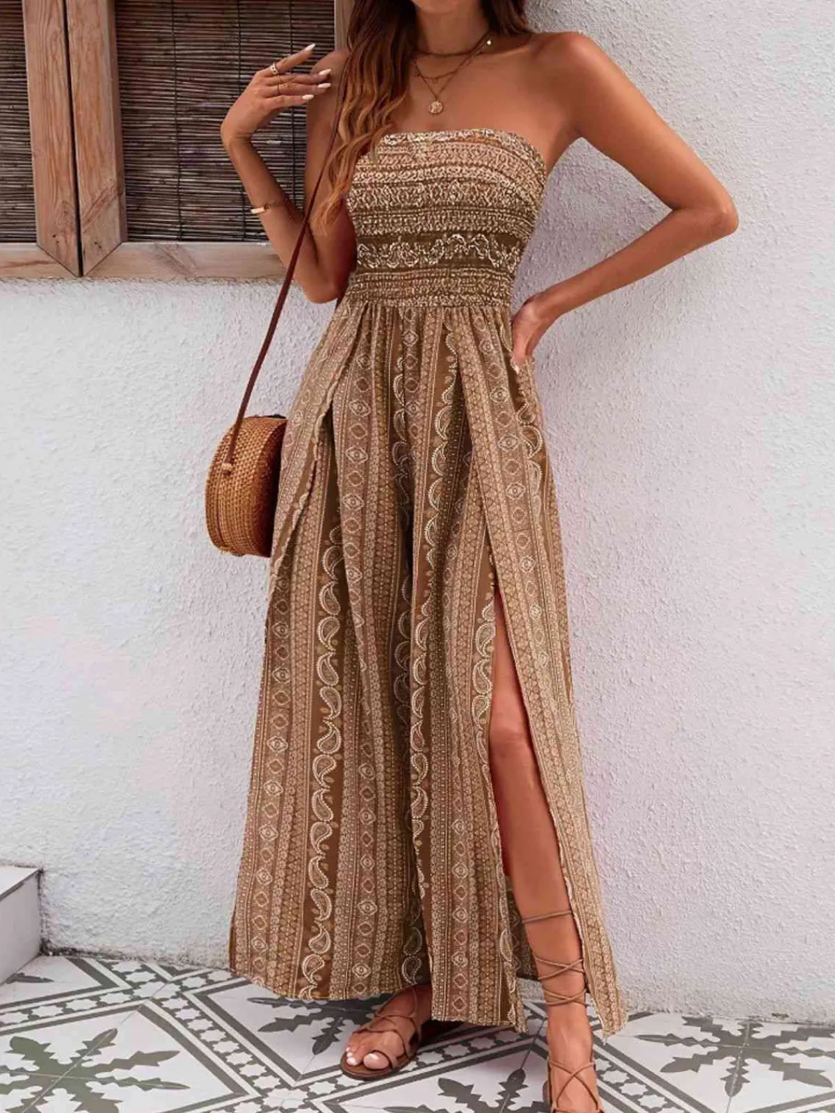 Online Retro Stage 1970s Bohemian Strapless Slit Smocked Jumpsuit