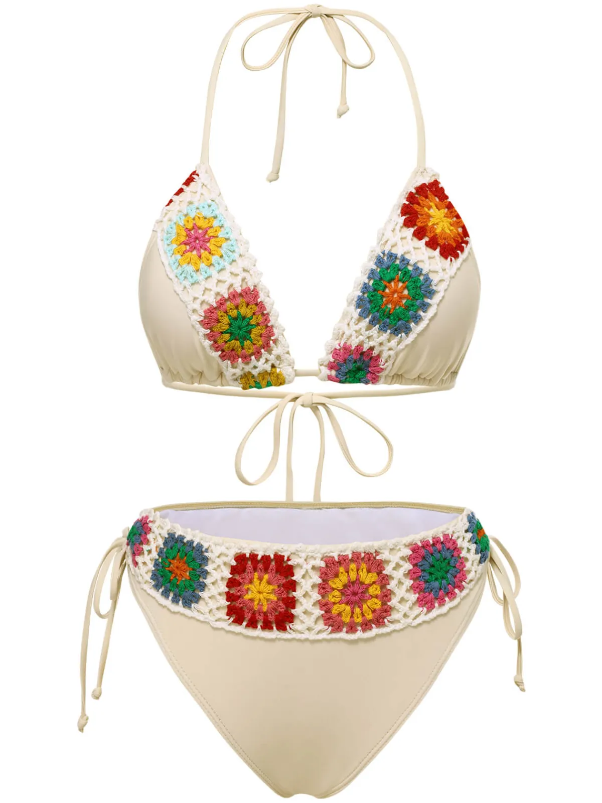 Fashion Retro Stage 1950s Boho Crochet Lace-Up Halter Bikini Set