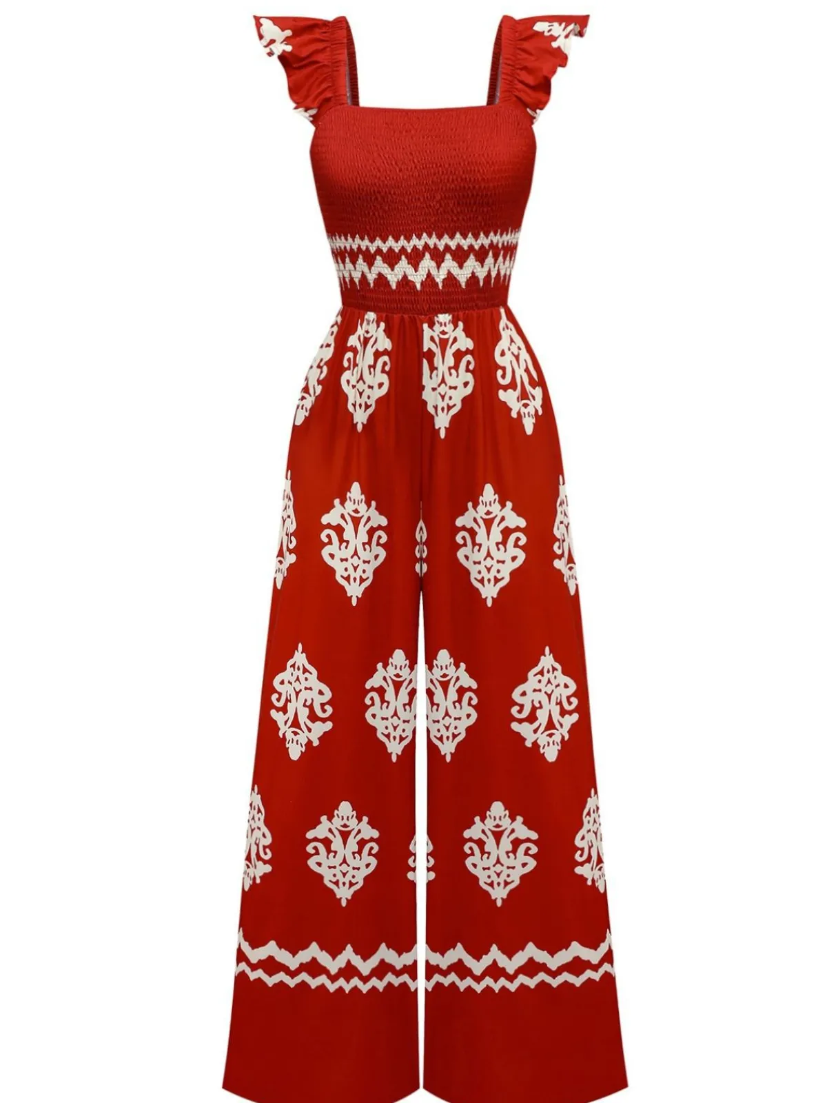 Fashion Retro Stage 1970s Boho Geometric Print Square Neck Jumpsuit