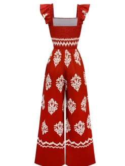 Fashion Retro Stage 1970s Boho Geometric Print Square Neck Jumpsuit