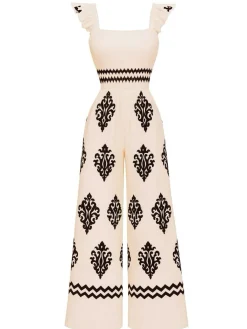 Fashion Retro Stage 1970s Boho Geometric Print Square Neck Jumpsuit