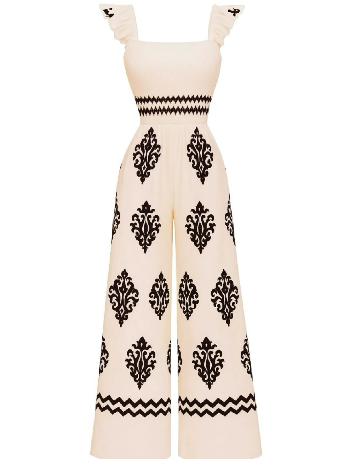 Fashion Retro Stage 1970s Boho Geometric Print Square Neck Jumpsuit