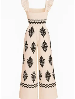 Fashion Retro Stage 1970s Boho Geometric Print Square Neck Jumpsuit