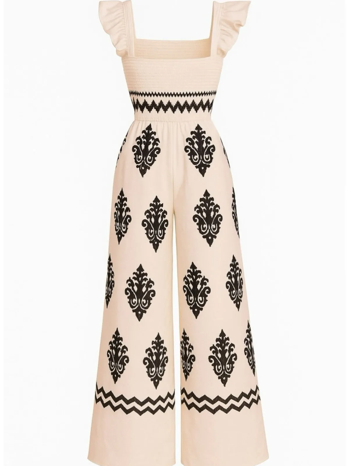Fashion Retro Stage 1970s Boho Geometric Print Square Neck Jumpsuit
