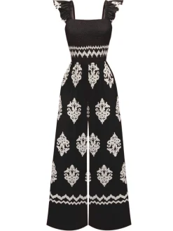 Fashion Retro Stage 1970s Boho Geometric Print Square Neck Jumpsuit