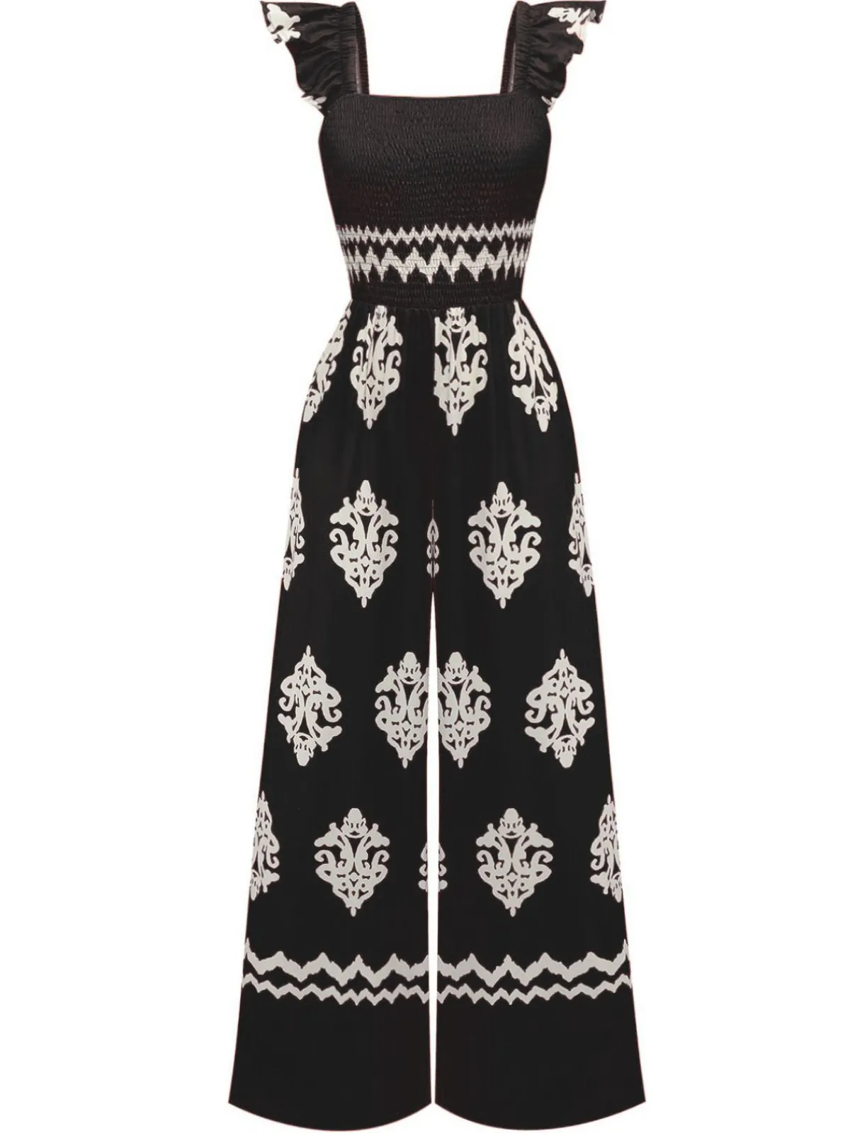 Fashion Retro Stage 1970s Boho Geometric Print Square Neck Jumpsuit