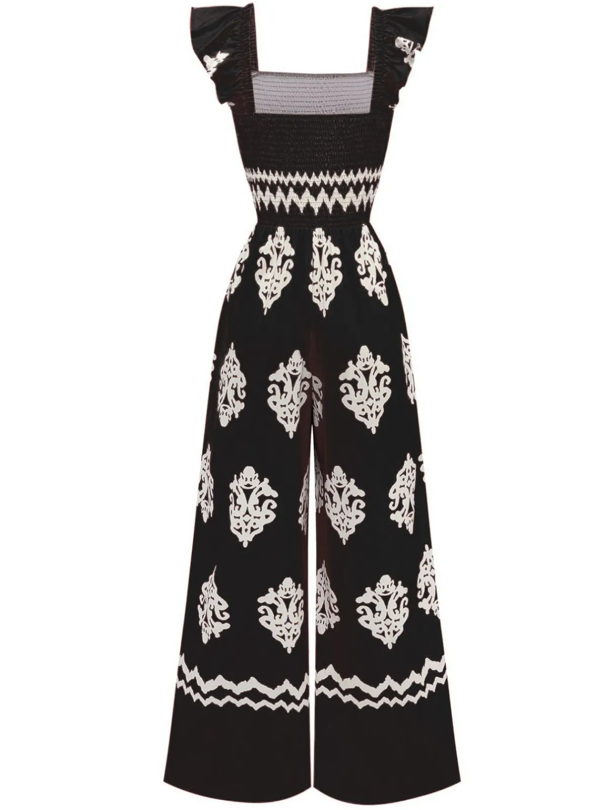 Fashion Retro Stage 1970s Boho Geometric Print Square Neck Jumpsuit